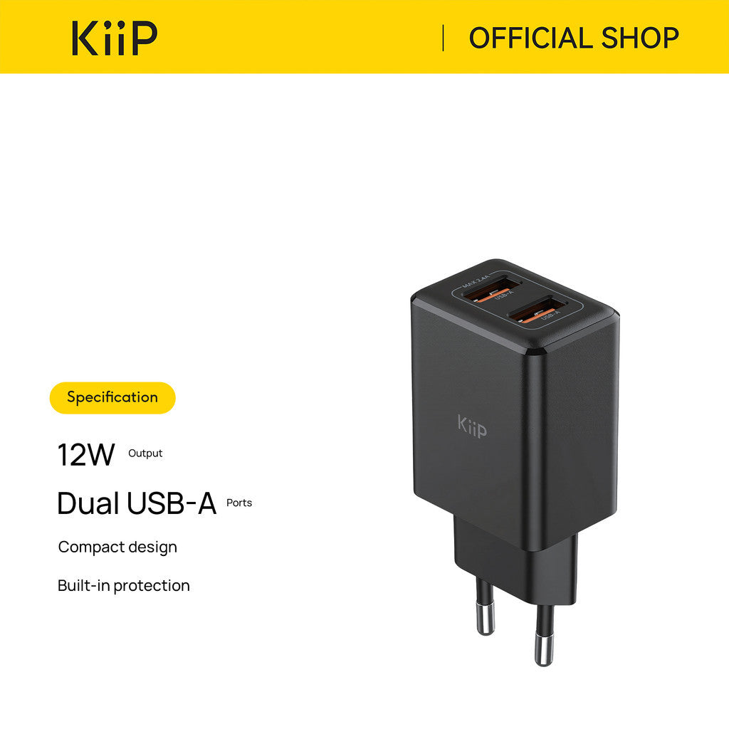 KiiP C12W Dual Port USB A 12W Compact Mini Wall Charger Adaptor Kepala Charger