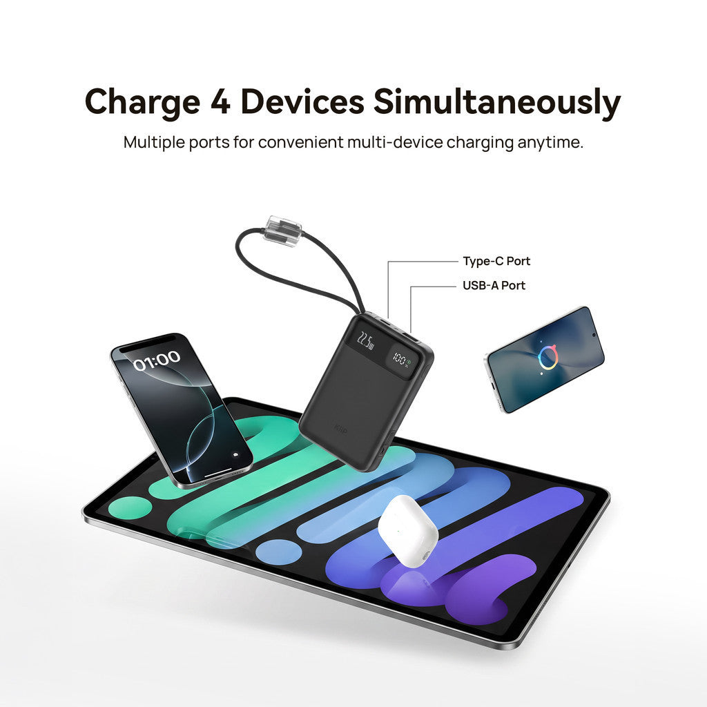 KiiP SnapLink Power Bank 10000mAh 22.5W Fast Charging Built-in Type- C + Lightning Cables and Digital Display