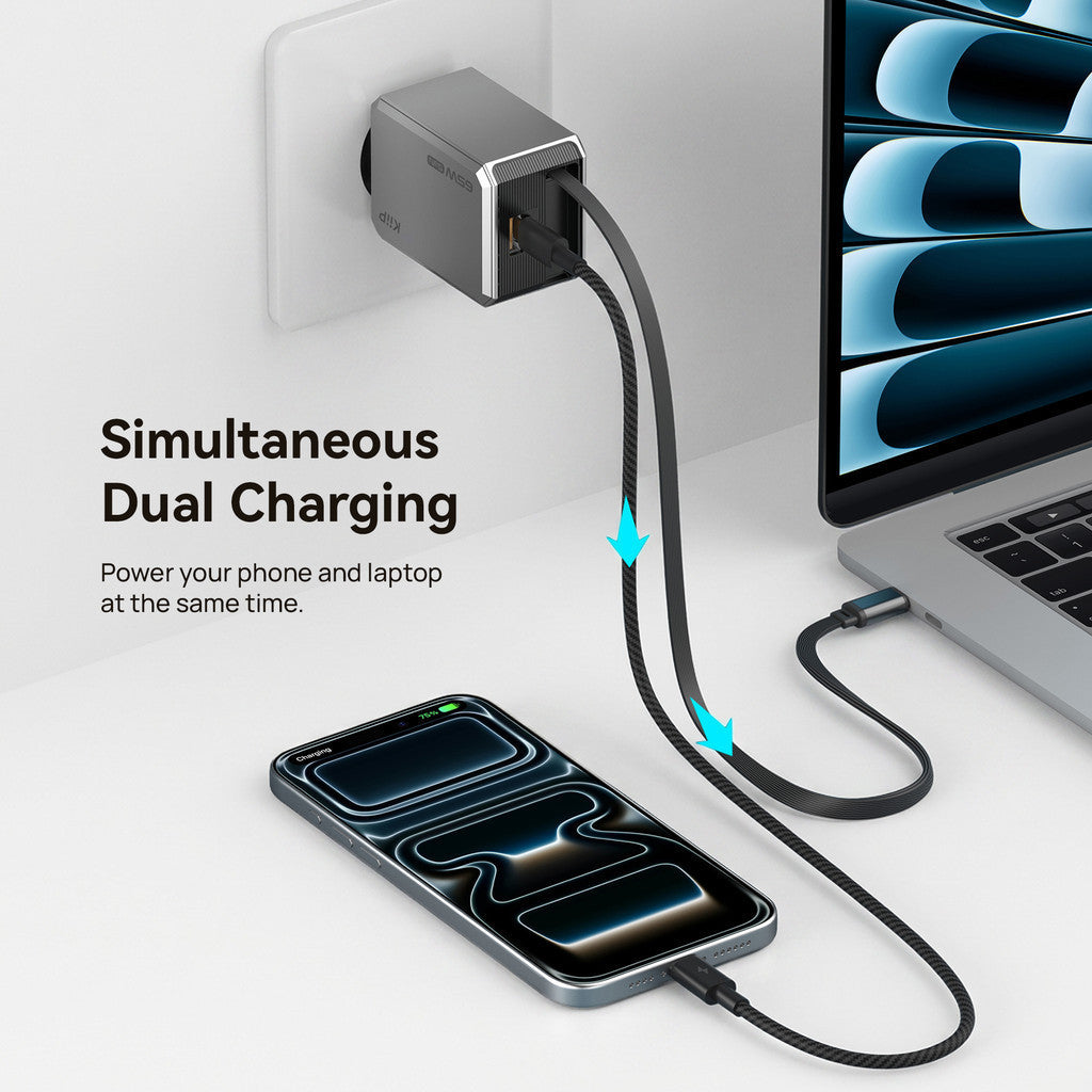 KiiP C65E GaN Retractable Charger 65W Mini Wall Adaptor Travel Kepala Charger Fast Charging