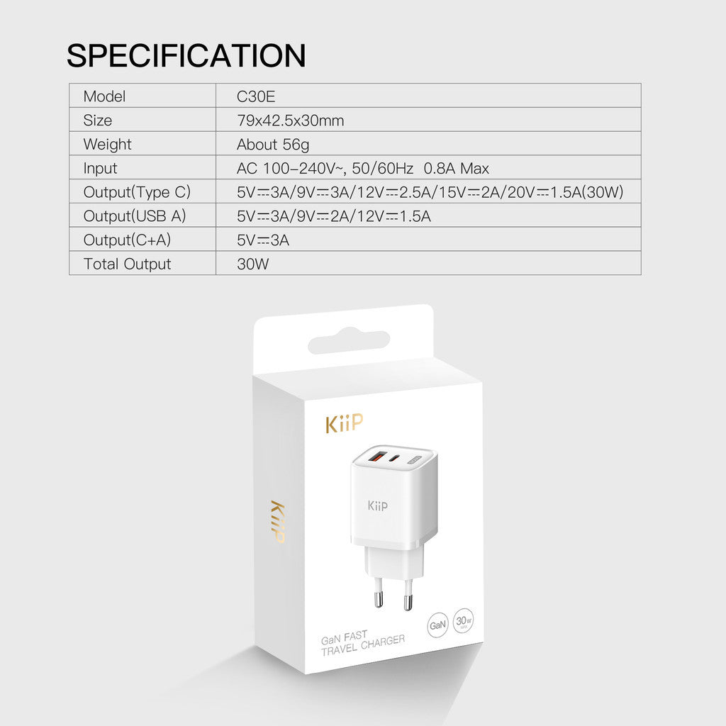 KiiP C30E Wall Charger Adaptor GaN 30W Fast Charging Kepala Charger Mini Travel Adaptor