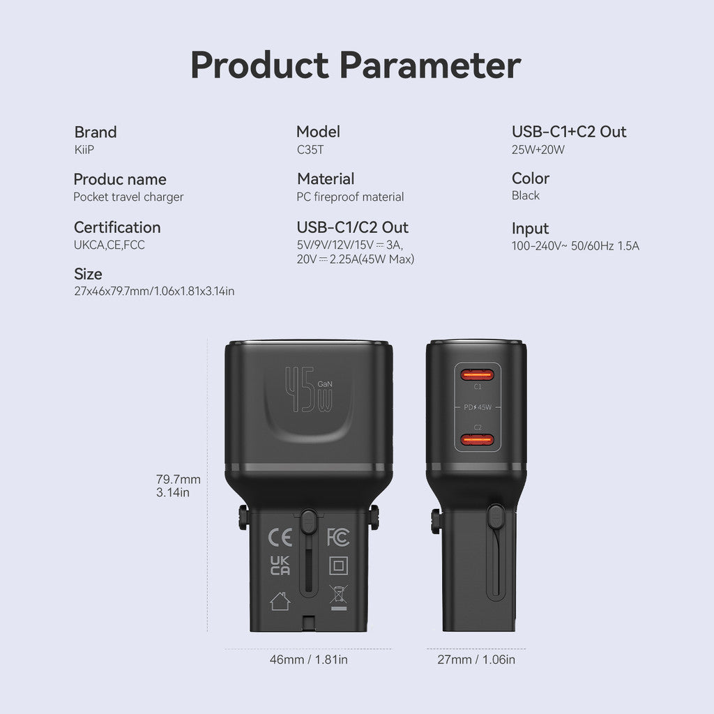 Kiip C35T Universal Travel Adaptor Charger Mini Fast Charging 45w GaN Portable Travel