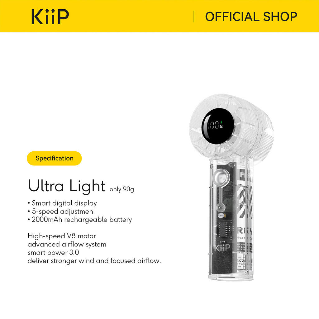 KiiP Fan07 Transparant Portable Fan High-speed Kipas Angin Mini Turbo 5Speed Kipas Genggam Smart LED Display