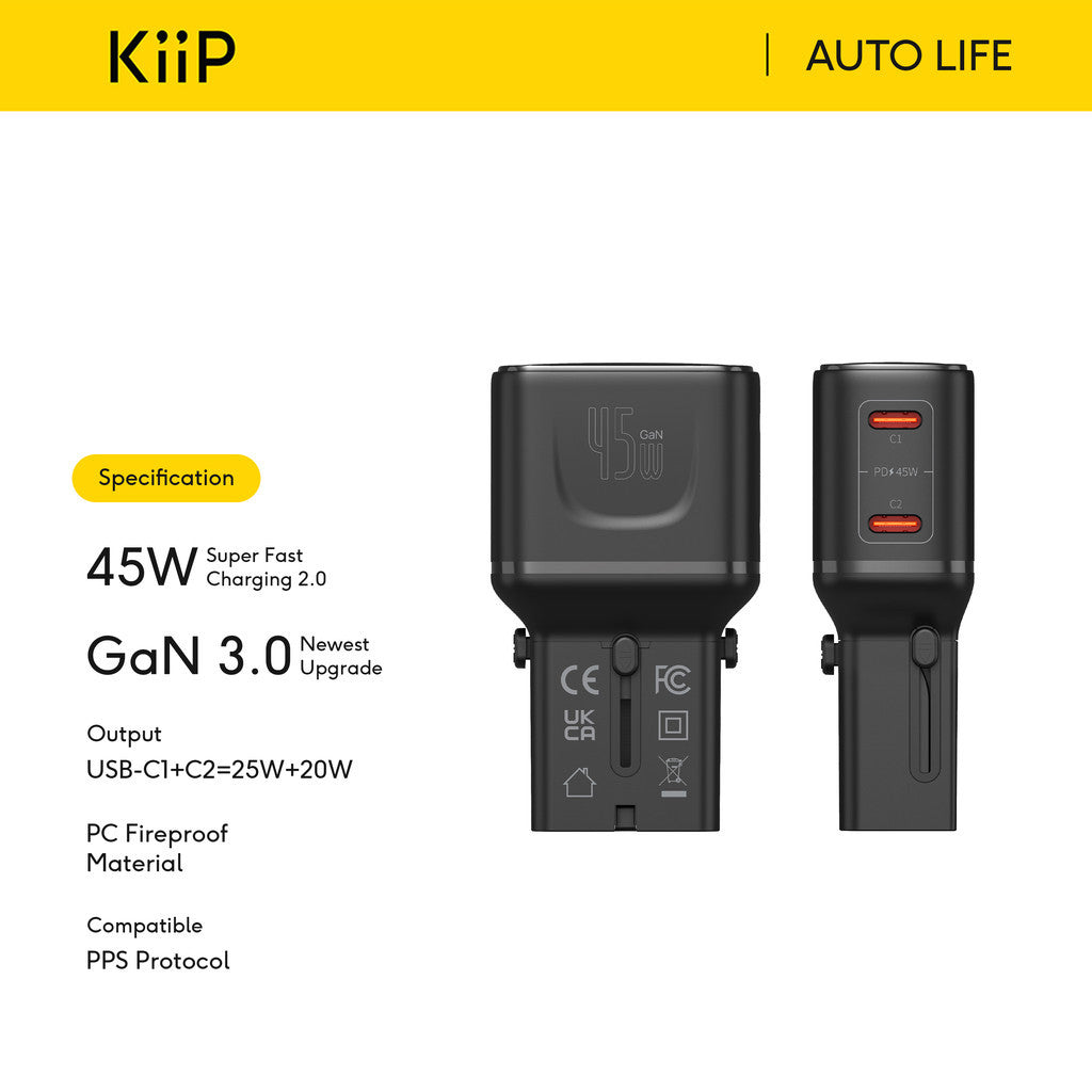 Kiip C35T Universal Travel Adaptor Charger Mini Fast Charging 45w GaN Portable Travel