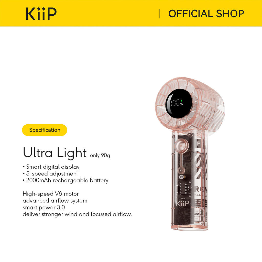 KiiP Fan07 Transparant Portable Fan High-speed Kipas Angin Mini Turbo 5Speed Kipas Genggam Smart LED Display