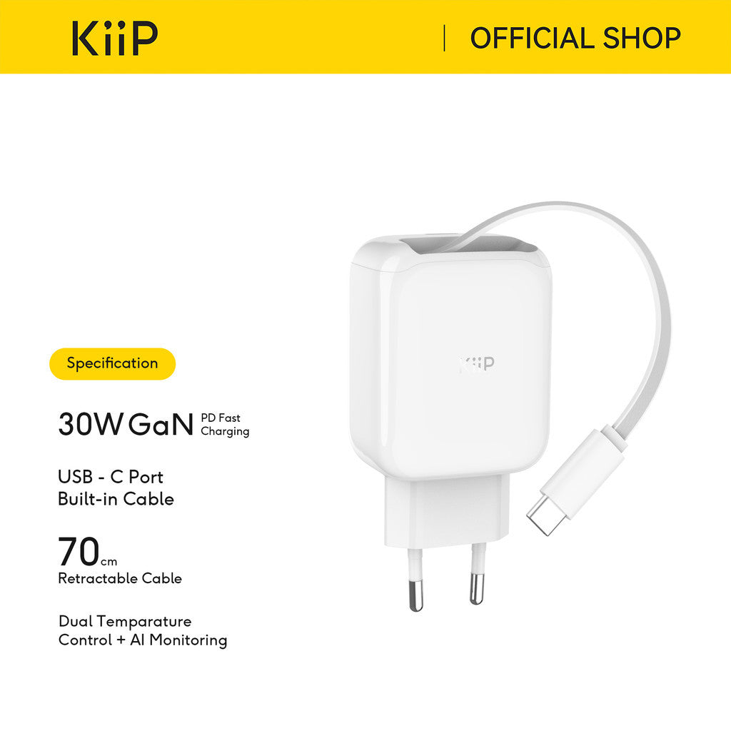 KiiP IB30 Ice Bright GaN Charger Adaptor Retractable PD 30W Fast Charging