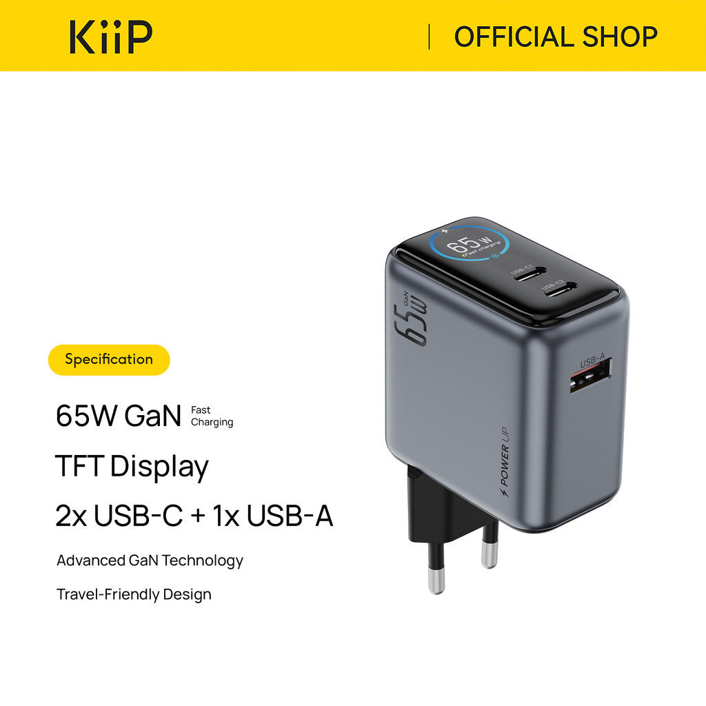 KiiP T65L AuraMax Series GaN Charger 65W Wall Adaptor Travel Kepala Charger Smart Charger With Color Display