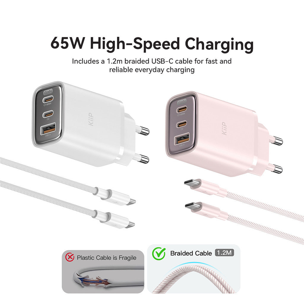 KiiP Mini Wall Charger GaN 65W Fast Charging PD QC 3.0 With Cable