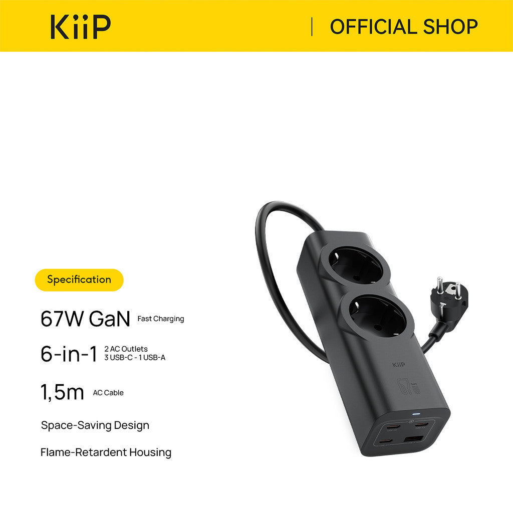KiiP TD67 Smart Power Strip GaN 67W 6in1 Charger Stop Kontak Surge Protection Multiple Socket PPS PD QC