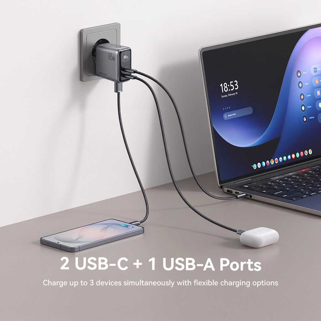 KiiP T65L AuraMax Series GaN Charger 65W Wall Adaptor Travel Kepala Charger Smart Charger With Color Display