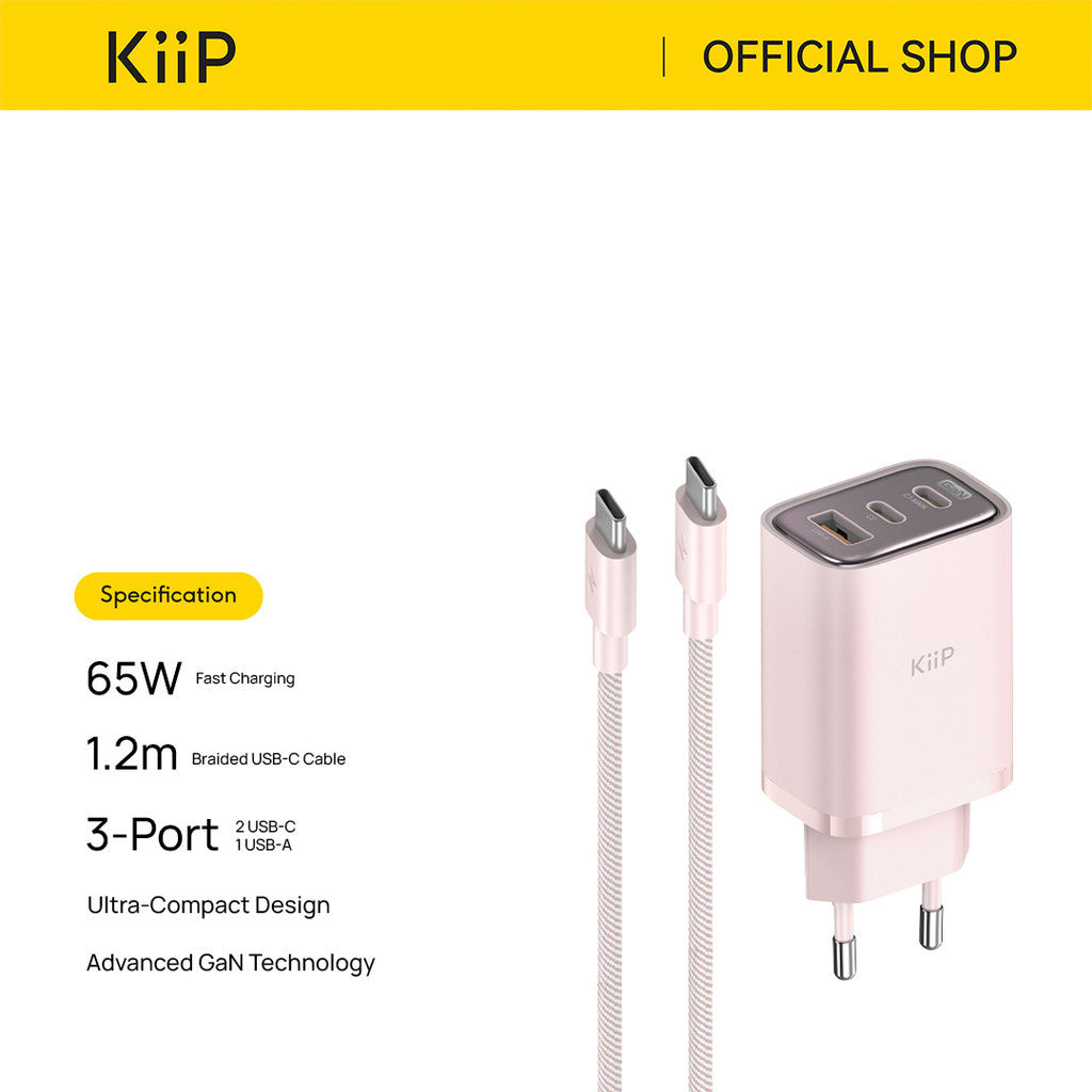 KiiP Mini Wall Charger GaN 65W Fast Charging PD QC 3.0 With Cable