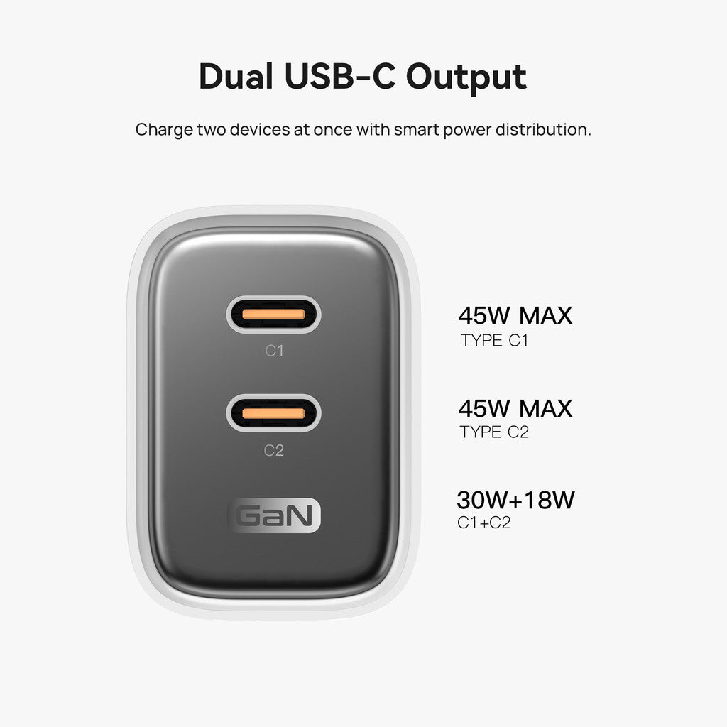 KiiP Mini Wall Charger GaN 45W Fast Charging PD QC 3.0 With Cable