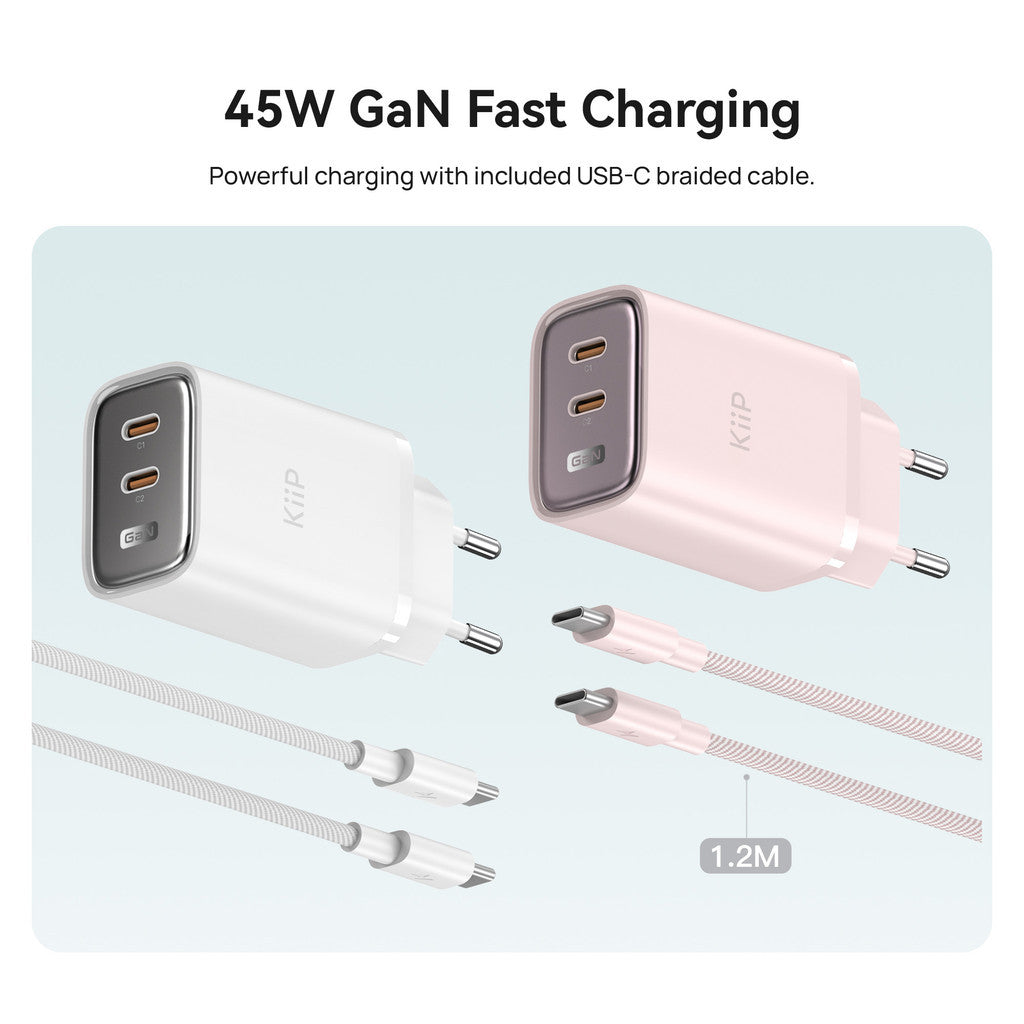 KiiP Mini Wall Charger GaN 45W Fast Charging PD QC 3.0 With Cable