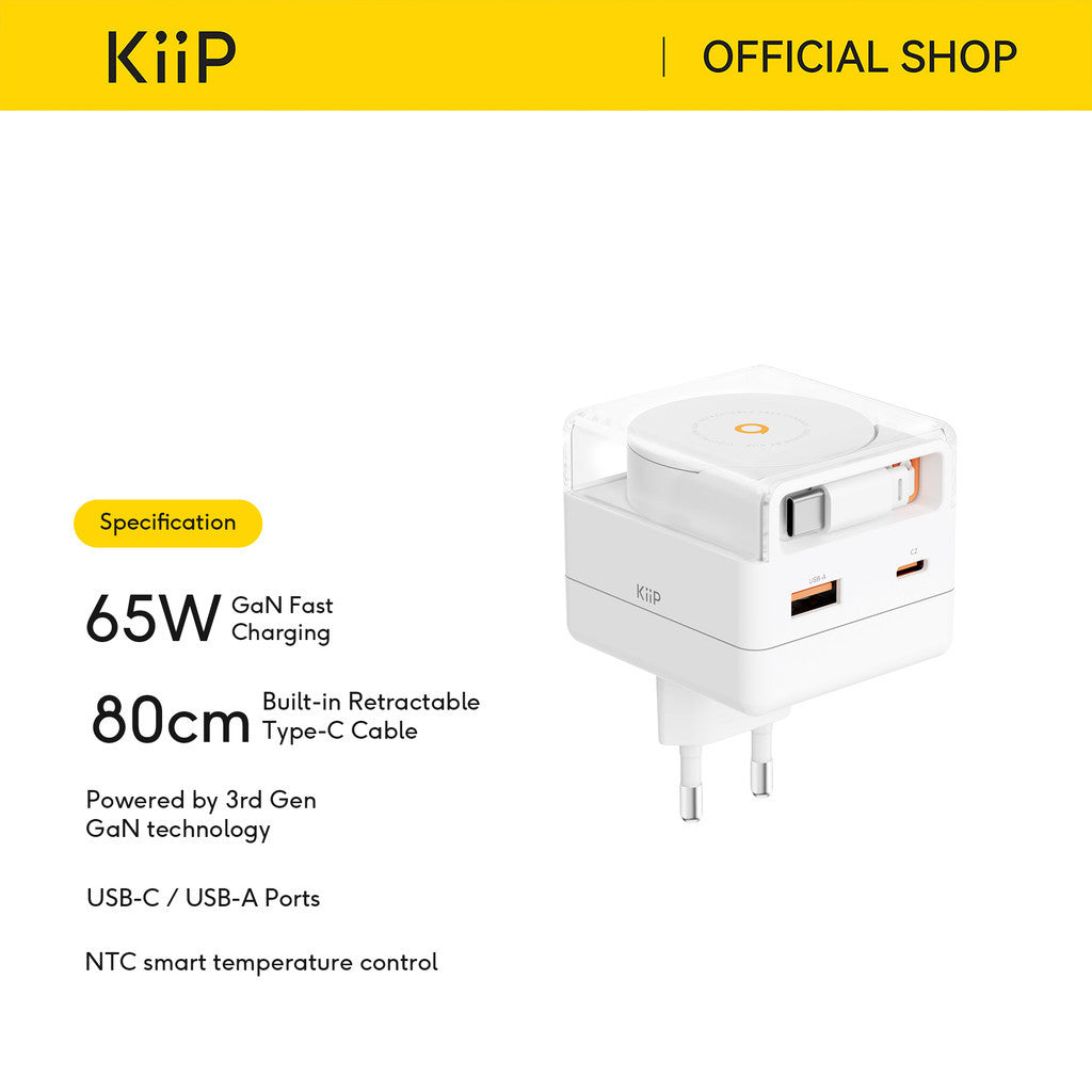 KiiP IC65 Ice Core GaN 65W Charger Adaptor Retractable PD Fast Charging