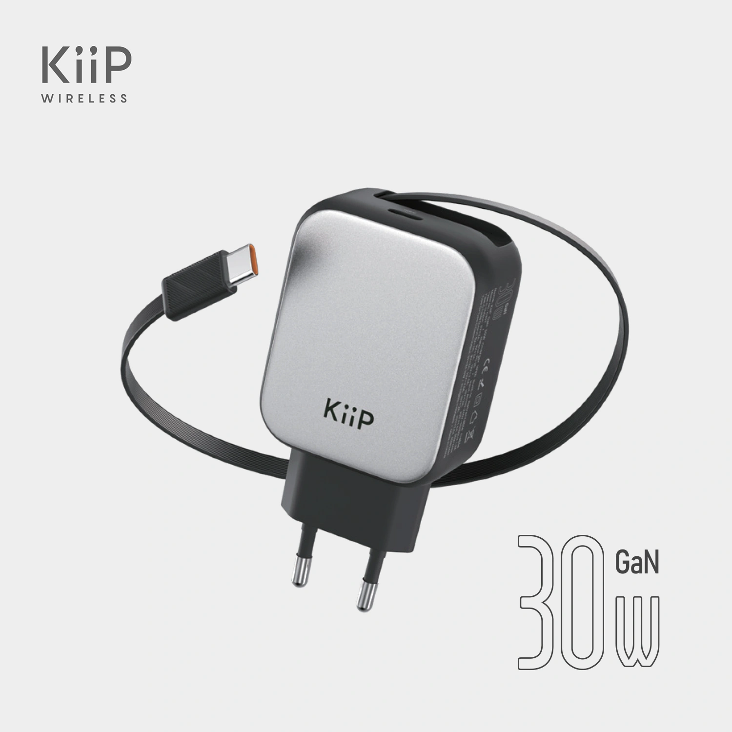 KiiP C30T Kepala Charger GaN PD Fast Charging 30W Retractable Built In Cable Type C