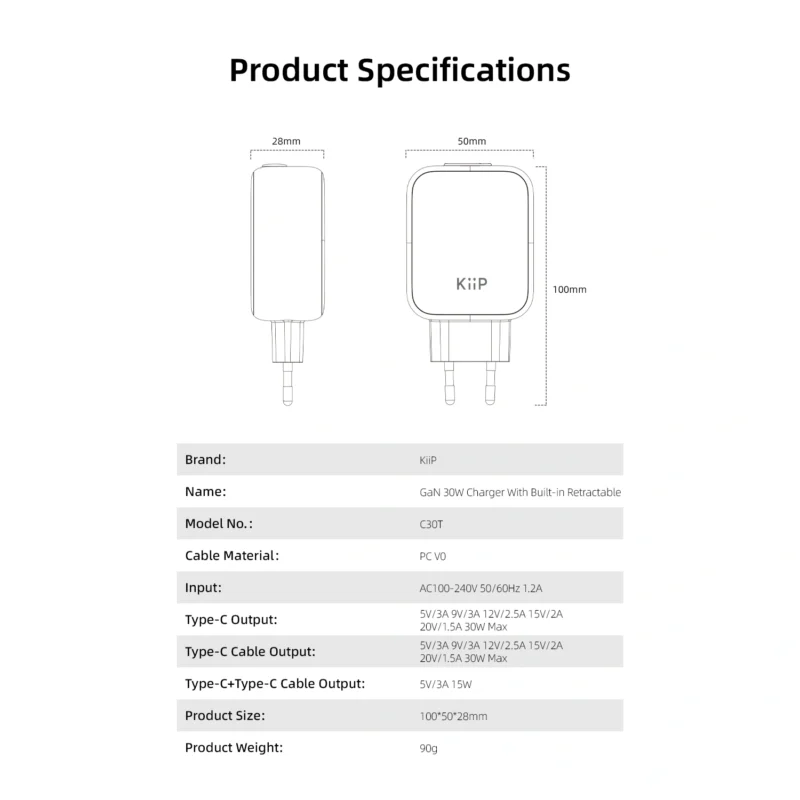 KiiP C30T Kepala Charger GaN PD Fast Charging 30W Retractable Built In Cable Type C - Image 9