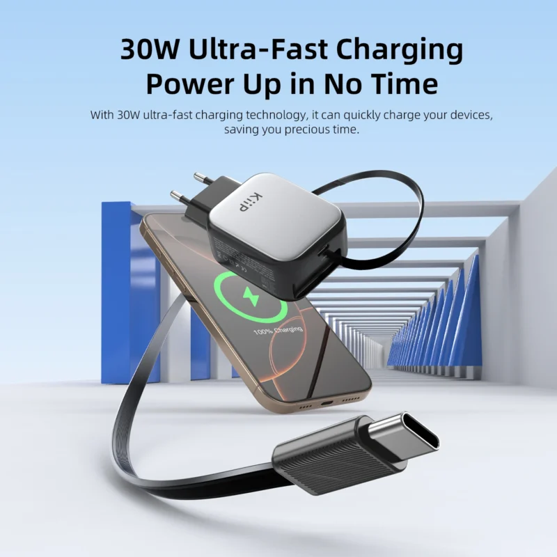 KiiP C30T Kepala Charger GaN PD Fast Charging 30W Retractable Built In Cable Type C - Image 3