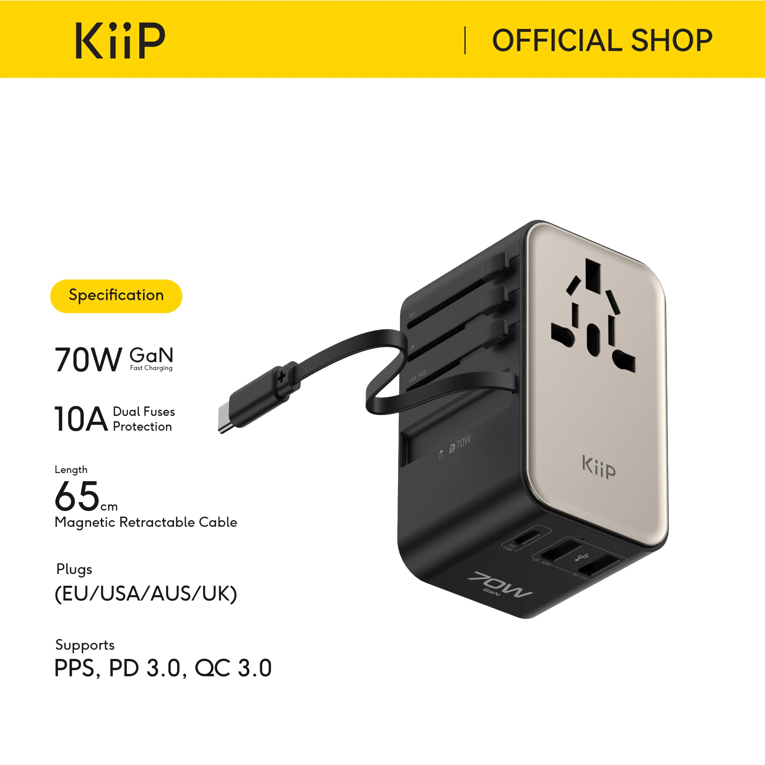 KiiP Travel Adaptor GaN 70W Adapter Charger Universal PD 3.0 QC 3.0 Fast Charging