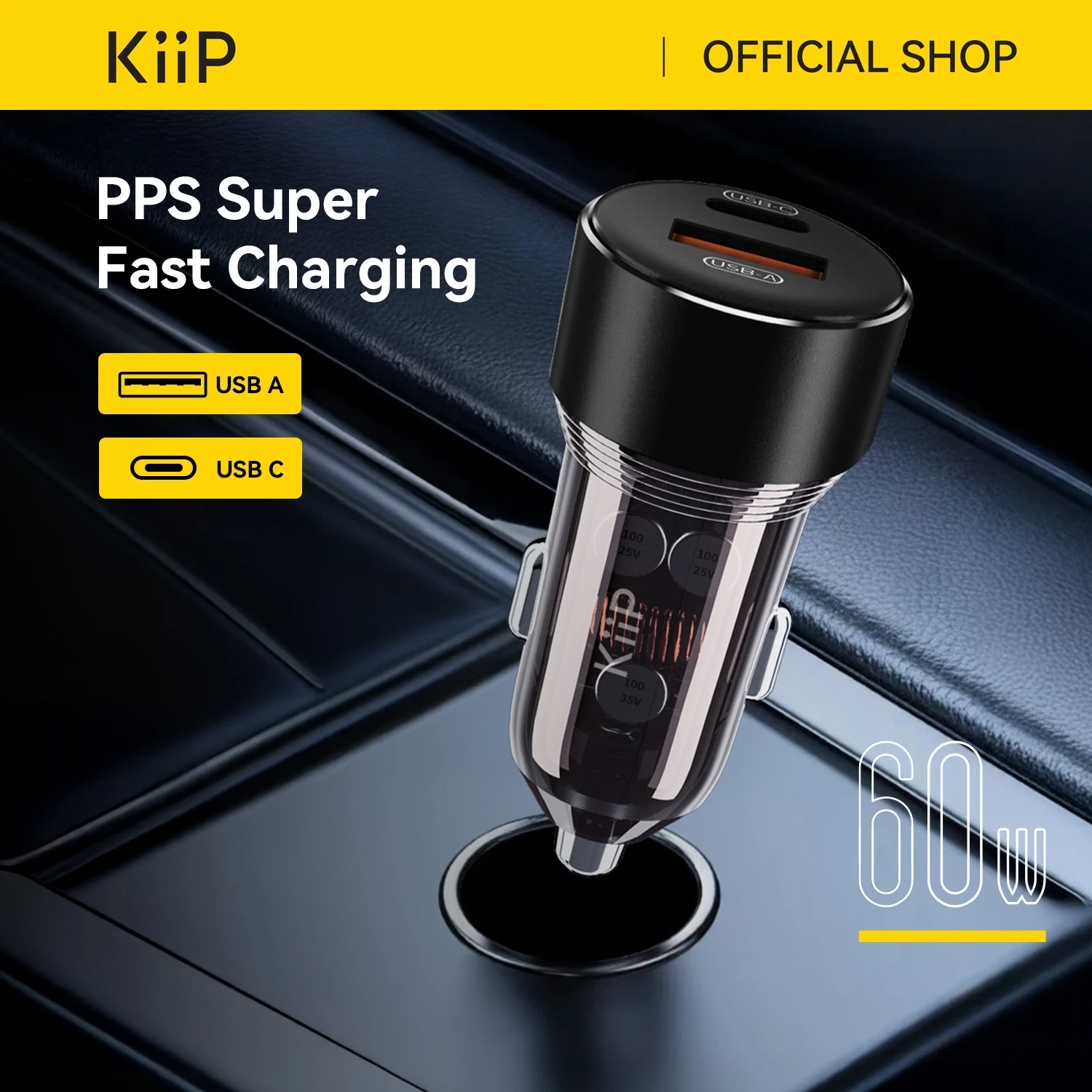 KiiP C15 Car Charger Mobil 60W Fast Charging Type C PD+USB Quick Charge 3.0 PPS PD