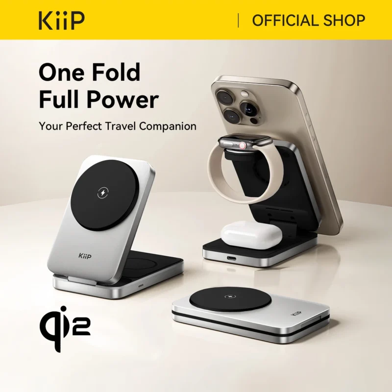 KiiP PWC02 3in1 Magnetic Wireless Charging 15W Foldable Portable Wireless Charger Magsafe Qi2 Travel Charger