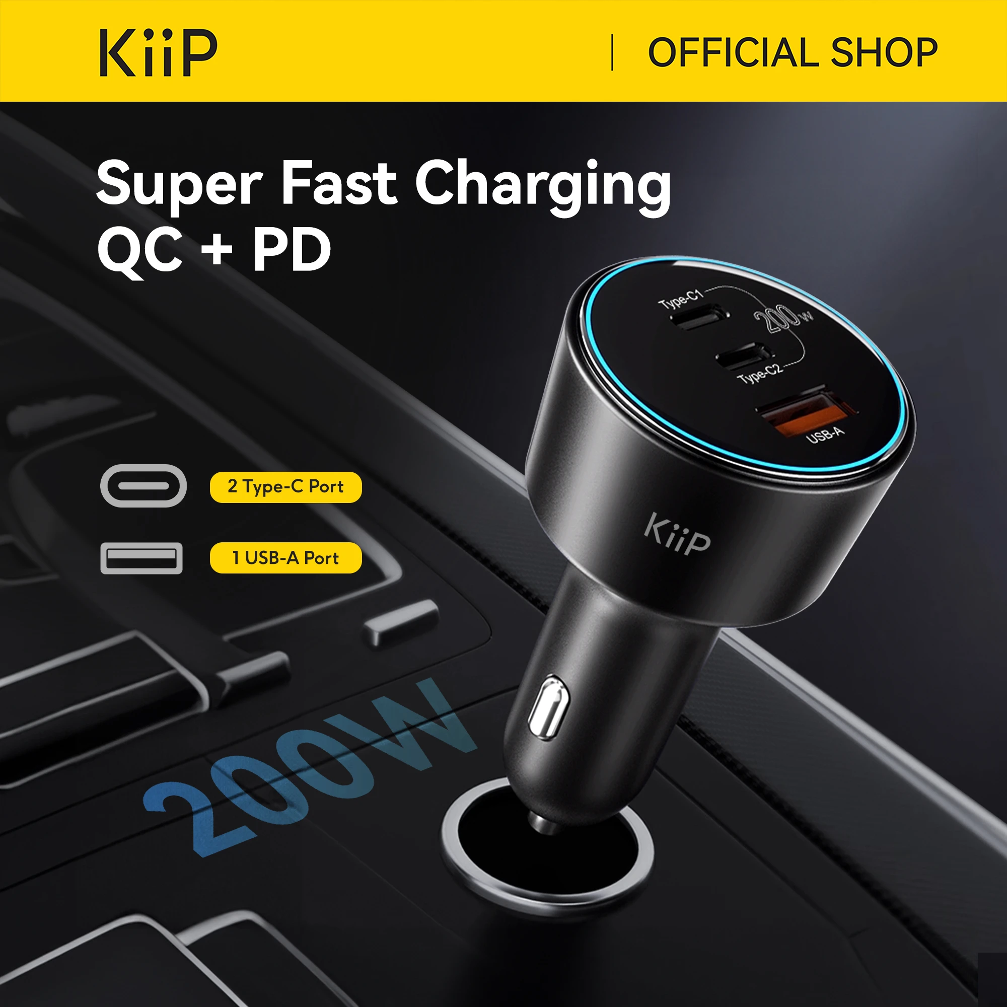 KiiP ACC18 Car Charger Mobil 200W 3 Power Ports QC 4.0 Quick Charge 3.0 Fast Charging
