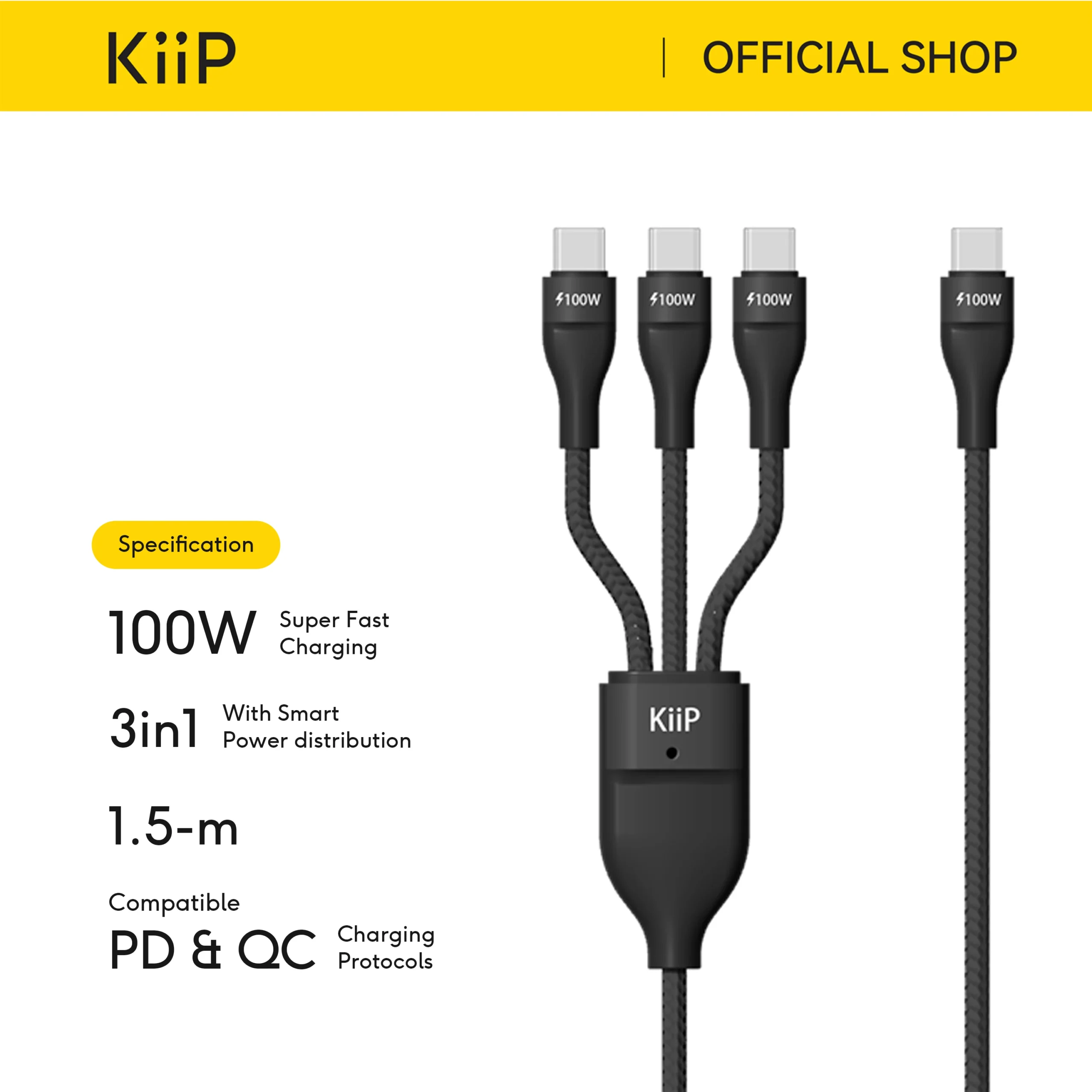 KiiP Kabel Data 100W Flash Series 3in1 Fast Charging Cable Type-C to C+C+C