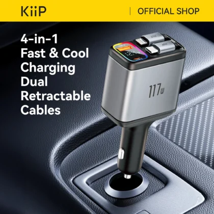 KiiP SC18 Car Charger 4 in 1 Super Fast Charging PD 117W Charger Mobil Built-in Rectractable Cable Type-C+Lightning