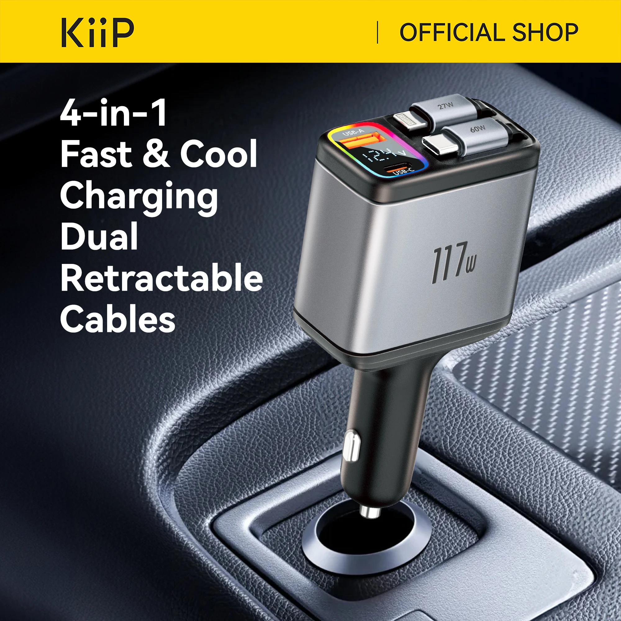 KiiP SC18 Car Charger 4 in 1 Super Fast Charging PD 117W Charger Mobil Built-in Rectractable Cable Type-C+Lightning