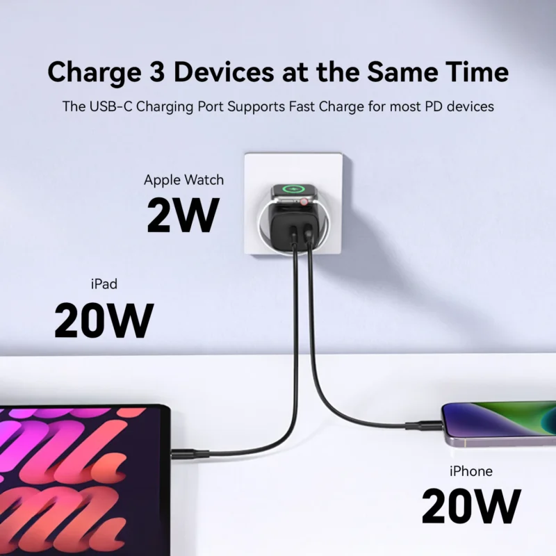 KiiP WH32 Adapter Charger 3in1 Fast Charging GaN6 22W USB-A＋USB-C＋iWatch Wireless Charging - Image 2