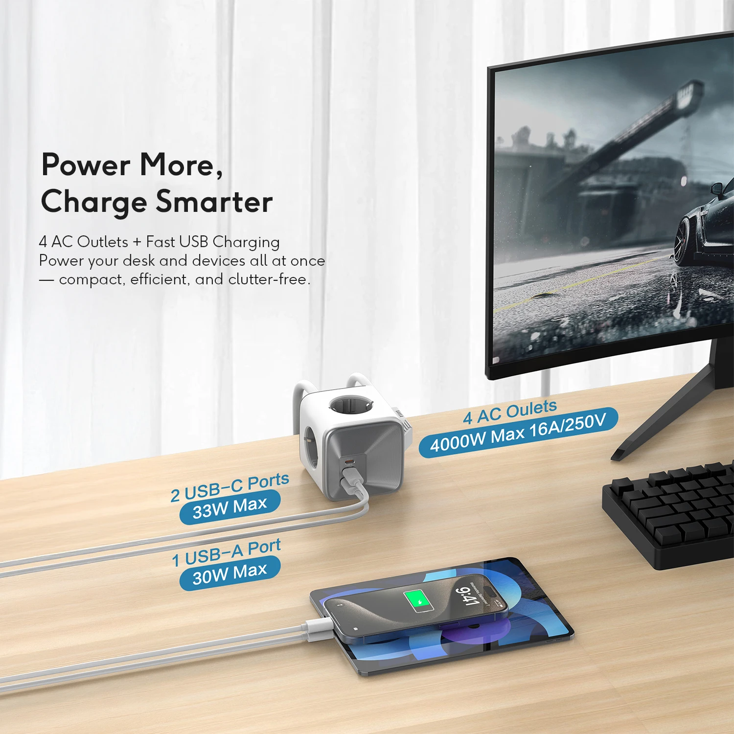 KiiP Charger C32T Power Cube Adaptor GaN 33W Fast Charging Adapter AC Socket 4000W With Cable - Image 2