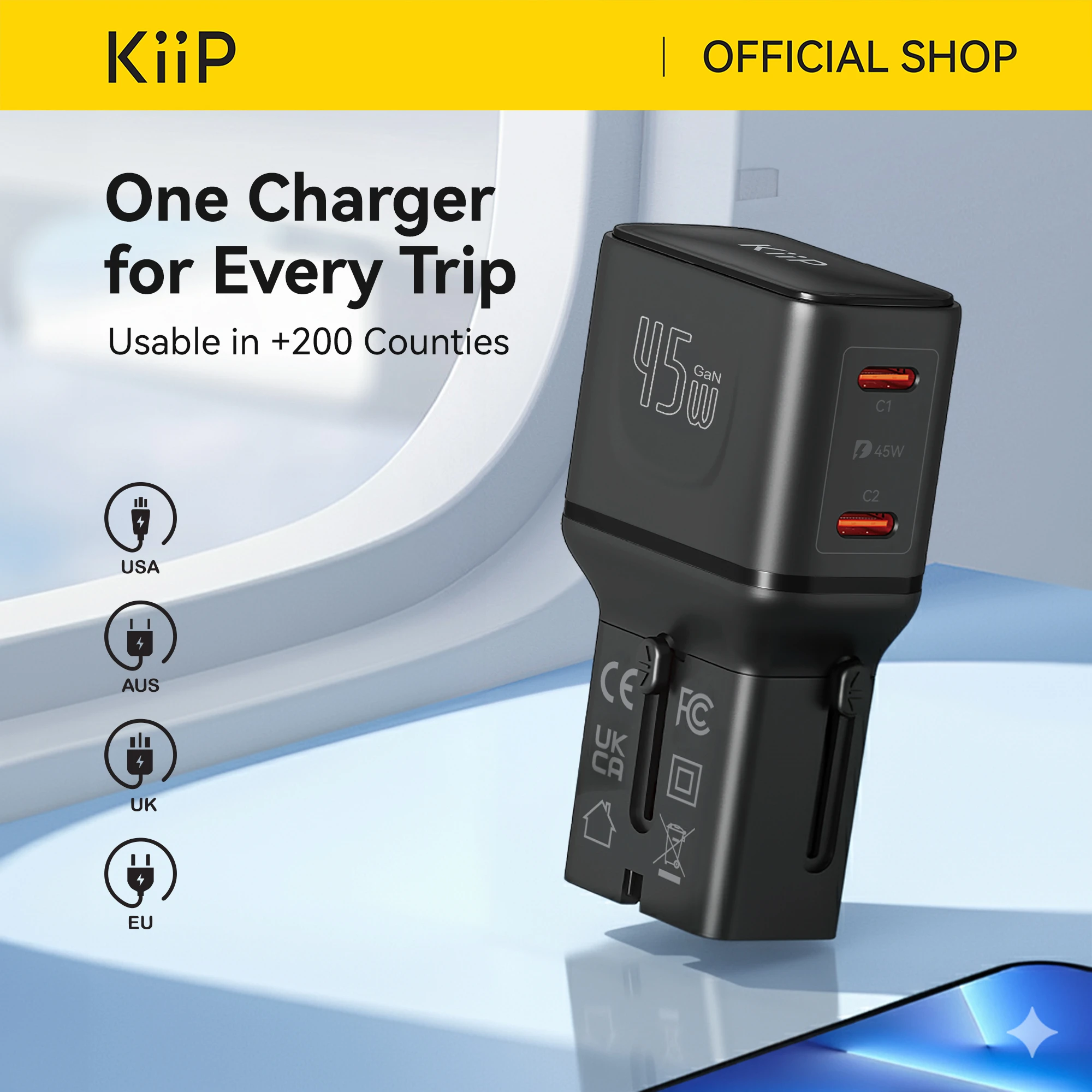 KiiP C35T Universal Travel Adaptor Charger Mini Fast Charging 45w GaN Portable Travel