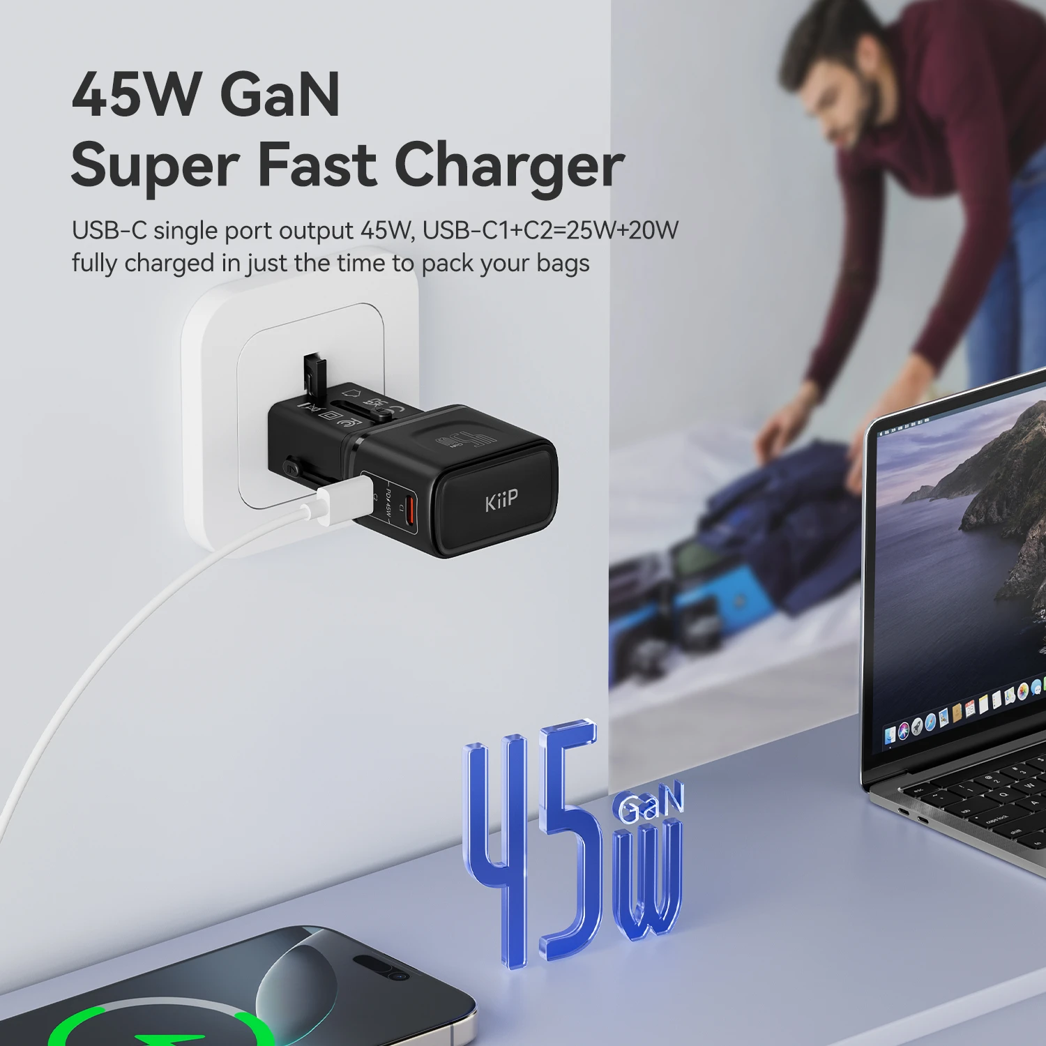 KiiP C35T Universal Travel Adaptor Charger Mini Fast Charging 45w GaN Portable Travel - Image 4