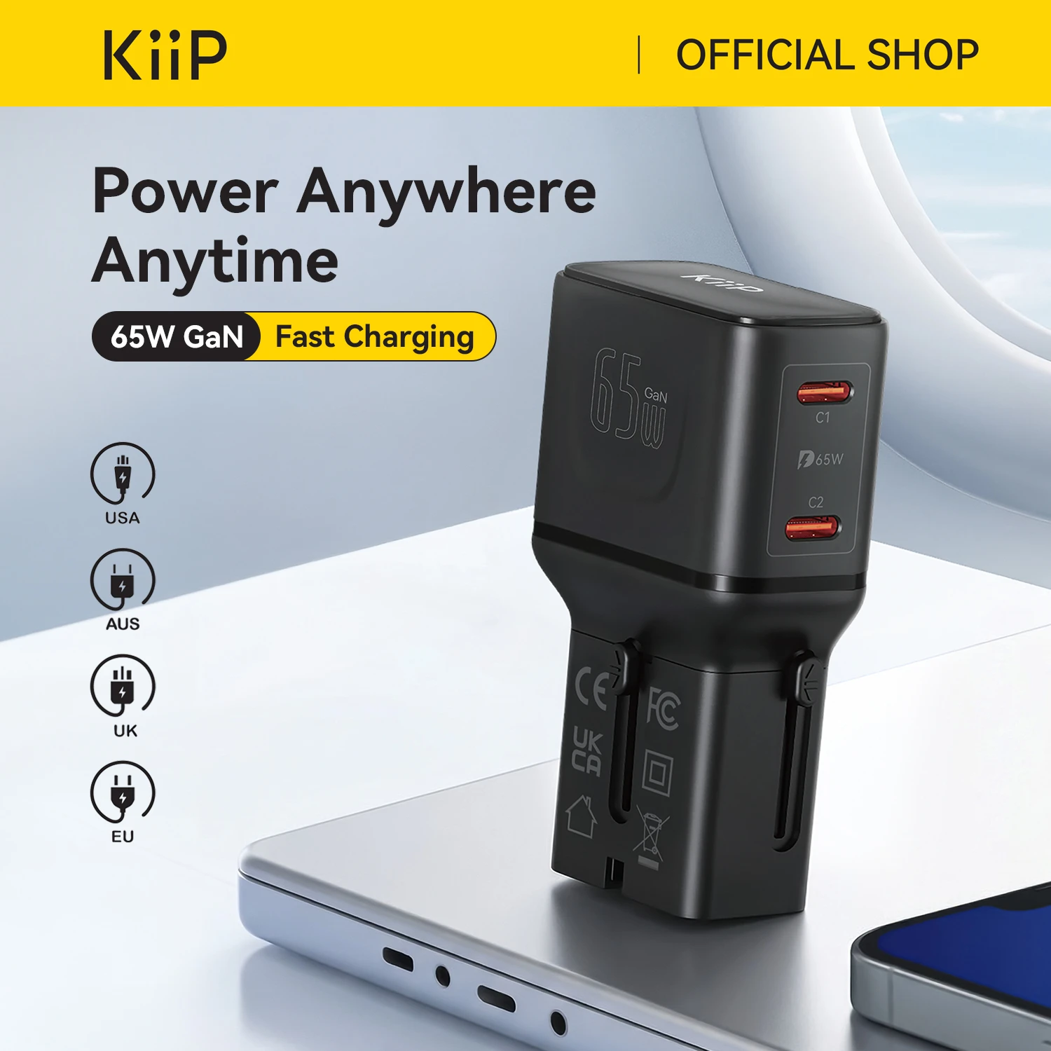 KiiP G65T Universal Travel Adaptor Charger Mini Fast Charging 65w GaN Portable Travel